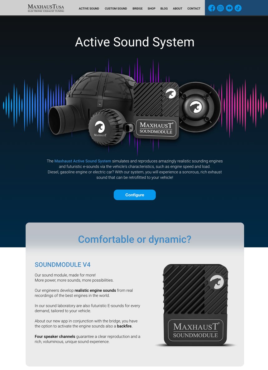 Maxhaust's new Shopify online store, screenshot