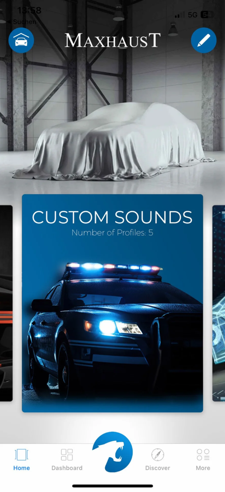 The Maxhaust mobile app showing Custom Sounds