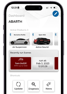 The dashboard on the Maxhaust mobile app