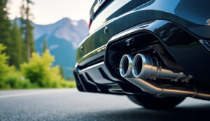 Detail view of an electronic exhaust system featuring dual chrome exhaust tips against a natural backdrop in Juneau, Alaska