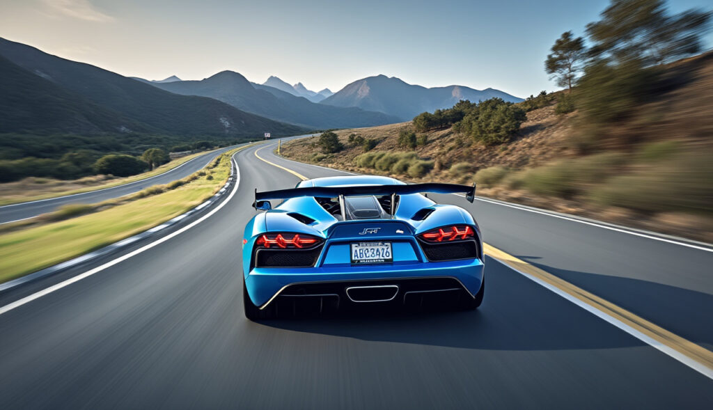 A blue luxury sports car with sleek design traveling on a winding road surrounded by mountains