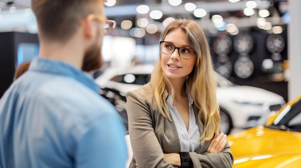 Customer discussing financing options for active sound systems with a representative in the background we see Maxhaust exhaust system