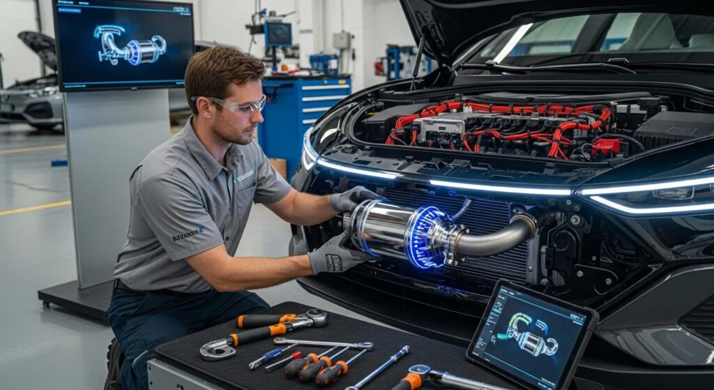 Technician installing digital exhaust system in electric vehicle, demonstrating the installation process