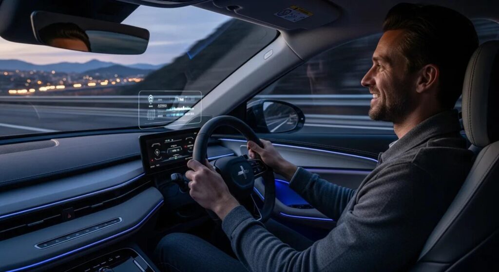 Driver enjoying active sound technology in electric vehicle, highlighting personalized exhaust sound experience