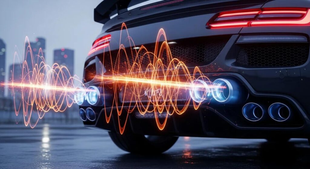 Back of a modern car with active sound exhaust system highlighting immersive audio experience from the exhaust