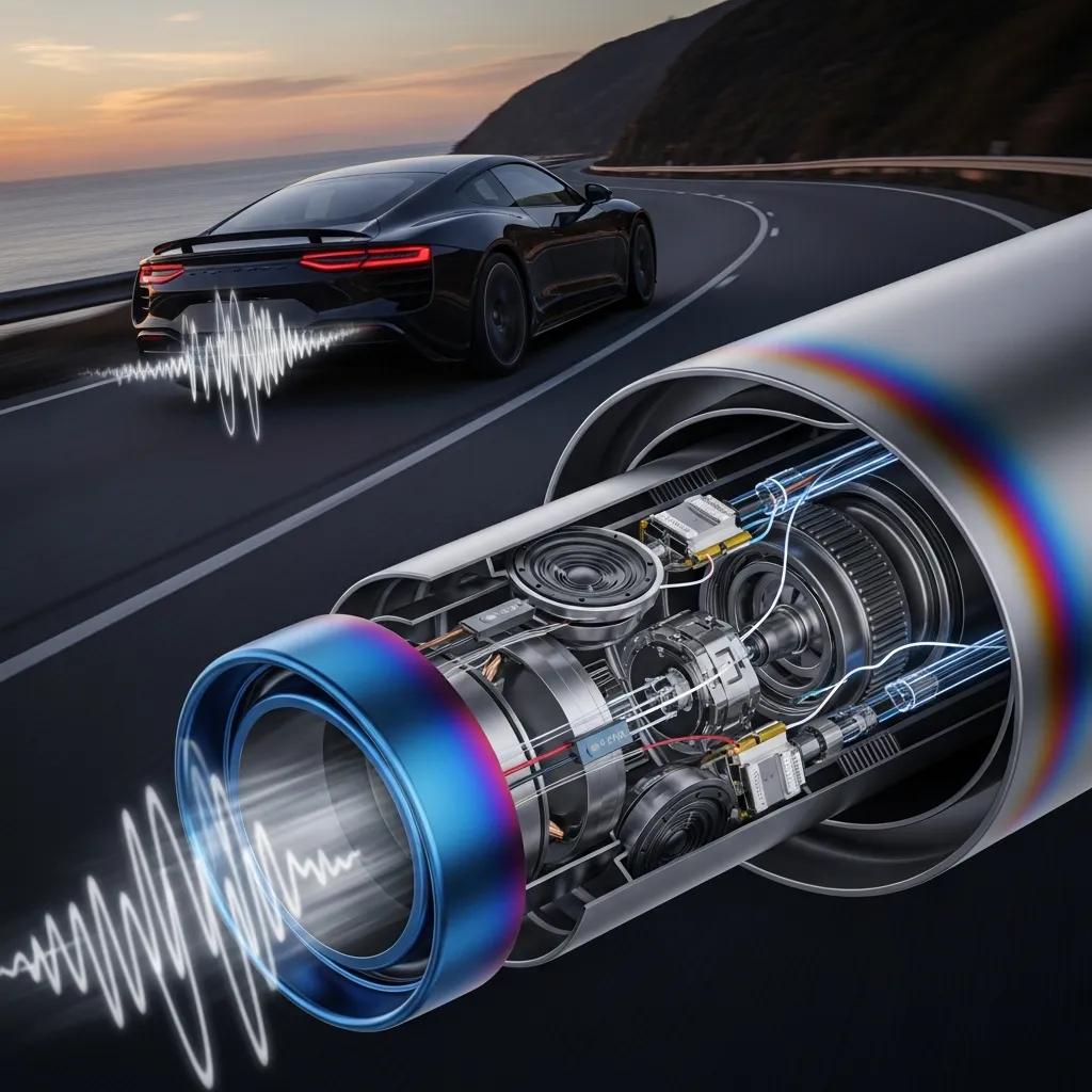 Close-up of a vehicle's exhaust system featuring active sound technology in a dynamic driving scene