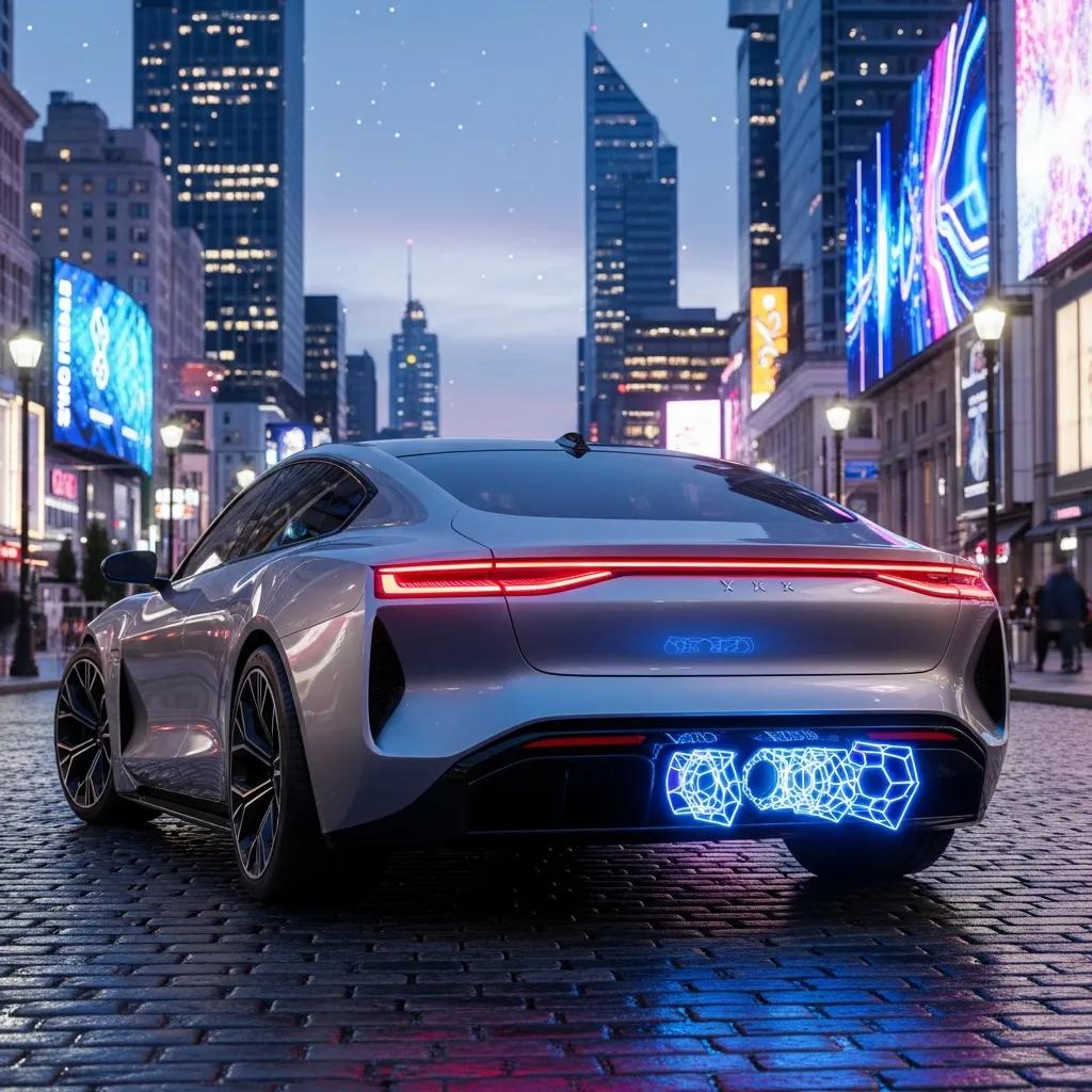 Electric vehicle with digital exhaust system in urban setting, showcasing modern automotive technology