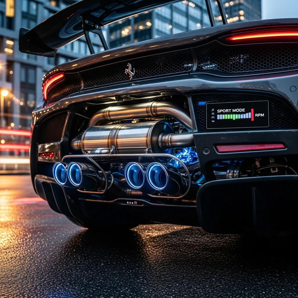 Modern digital exhaust system on a sports car, showcasing automotive enhancement technology