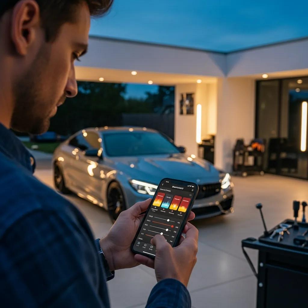 Person customizing Maxhaust active sound system using smartphone app in a stylish garage