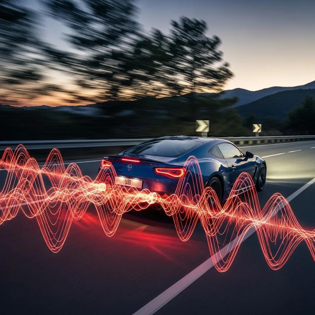 Sporty car in motion with sound waves illustrating active sound technology, enhancing the driving experience