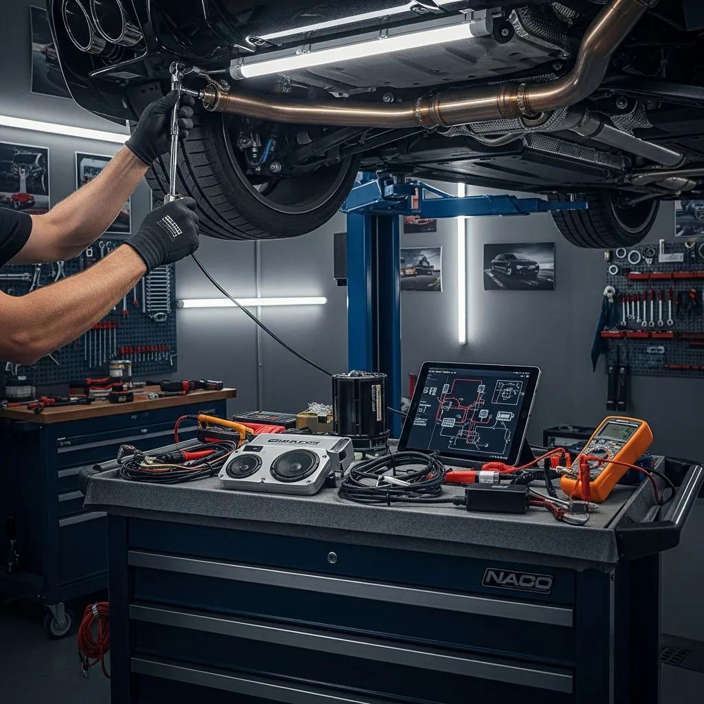 Technician installing a digital exhaust system in a garage, illustrating the installation process