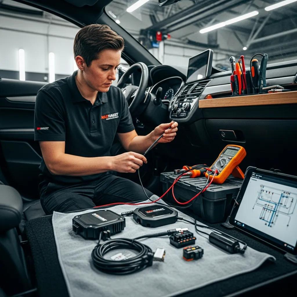 Technician installing the Maxhaust Stage One Bundle in a vehicle, showcasing professional installation