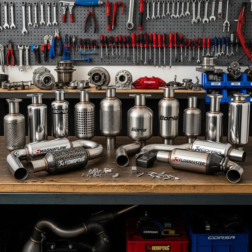 Various aftermarket exhaust sound enhancers on a workbench — options for customizing vehicle sound