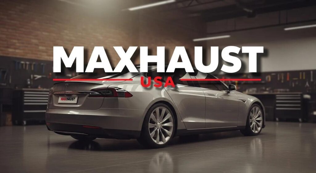 Add a Text MAXHAUST USA with Tesla vehicle in background