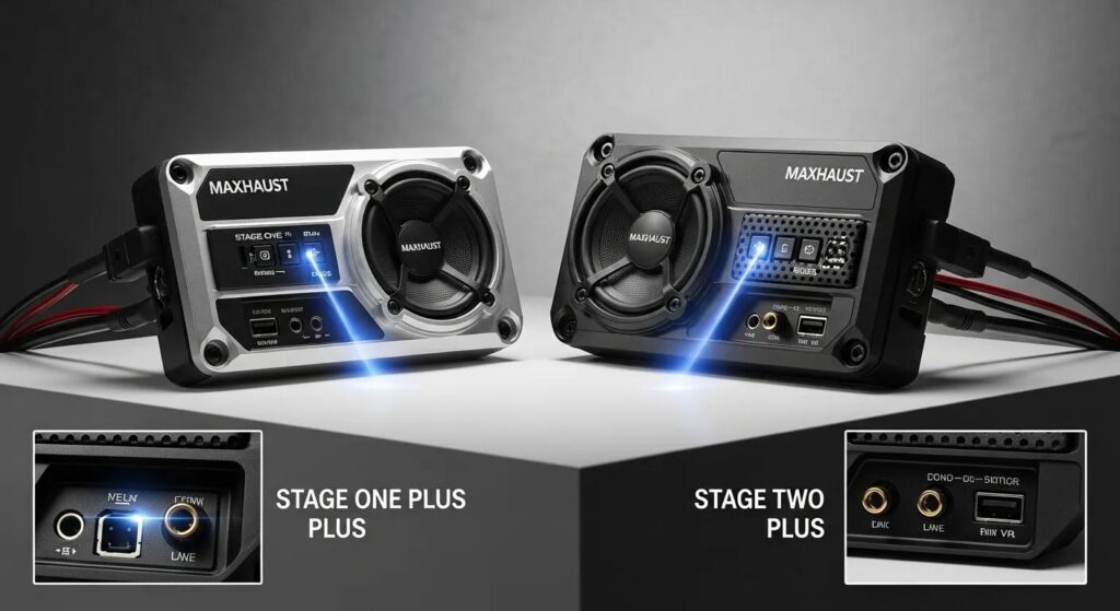 Maxhaust Stage One Plus and Stage Two Plus sound systems showcasing unique features and design