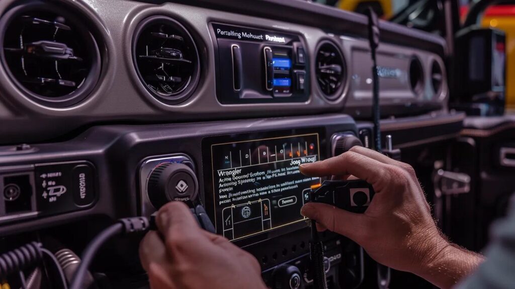 Person installing Maxhaust Active Sound System in a Jeep Wrangler, illustrating the user-friendly installation process