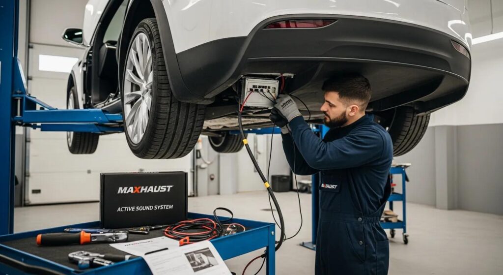 Technician installing Maxhaust Active Sound System in Tesla Model X, illustrating the professional installation process