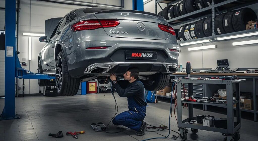 Person installing Maxhaust Active Sound System in a Mercedes GLC 300 in a garage