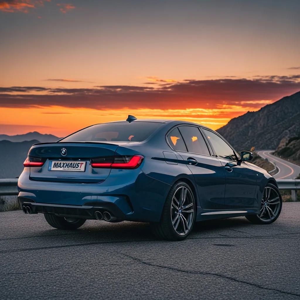 BMW 330i with Maxhaust Active Sound System in a scenic sunset setting