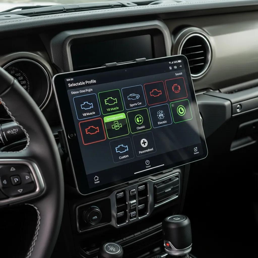 Close-up of Maxhaust Active Sound System control interface inside a Jeep Wrangler, highlighting customizable sound profiles