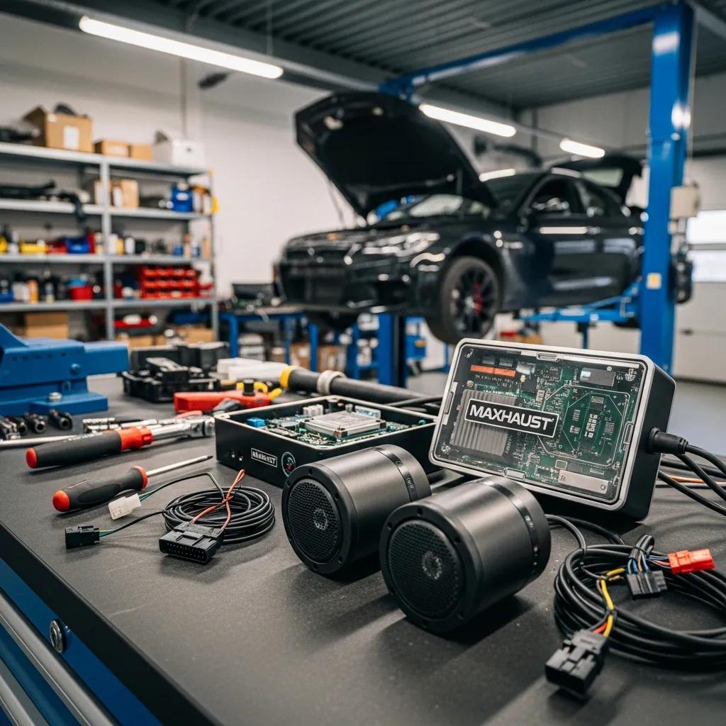 Components of the Maxhaust digital exhaust sound system in a workshop setting, illustrating advanced technology