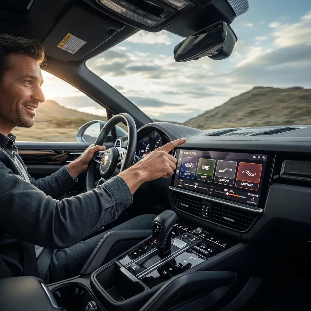 Driver customizing sound profiles in Porsche Cayenne E-Hybrid with Maxhaust system