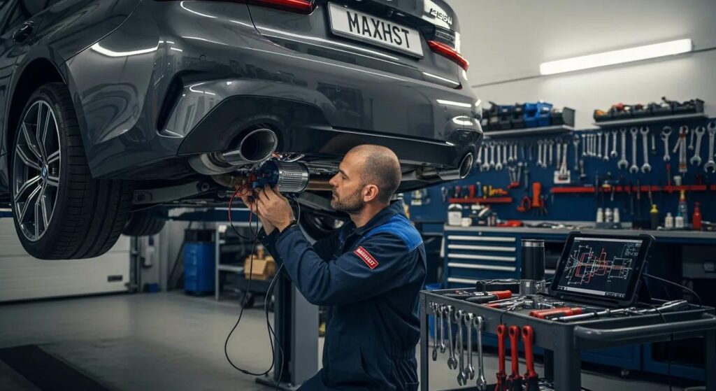 Mechanic installing Maxhaust Active Sound System in BMW 330i in a garage