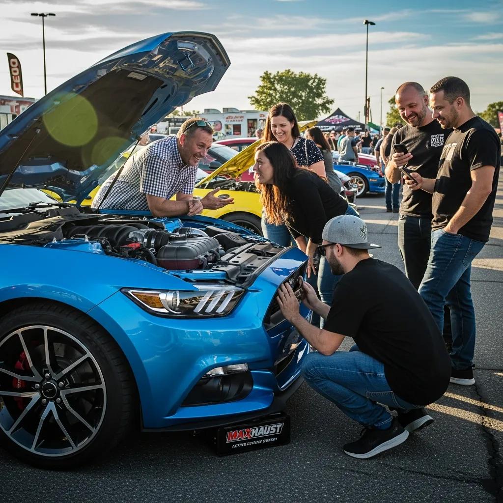Group of Mustang owners sharing experiences about the Maxhaust Active Sound System at a car meet