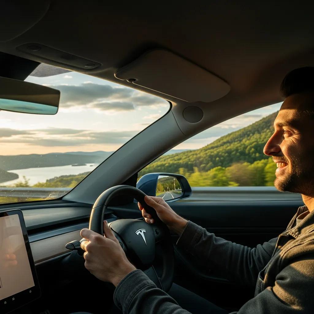 Happy Tesla Model 3 owner enjoying driving experience with Maxhaust Active Sound System on scenic road