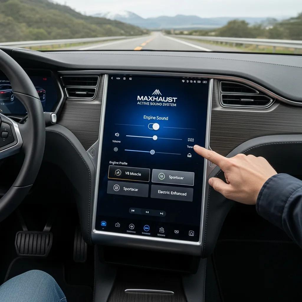 Interior view of Tesla Model X featuring Maxhaust Active Sound System controls, highlighting technology and user experience