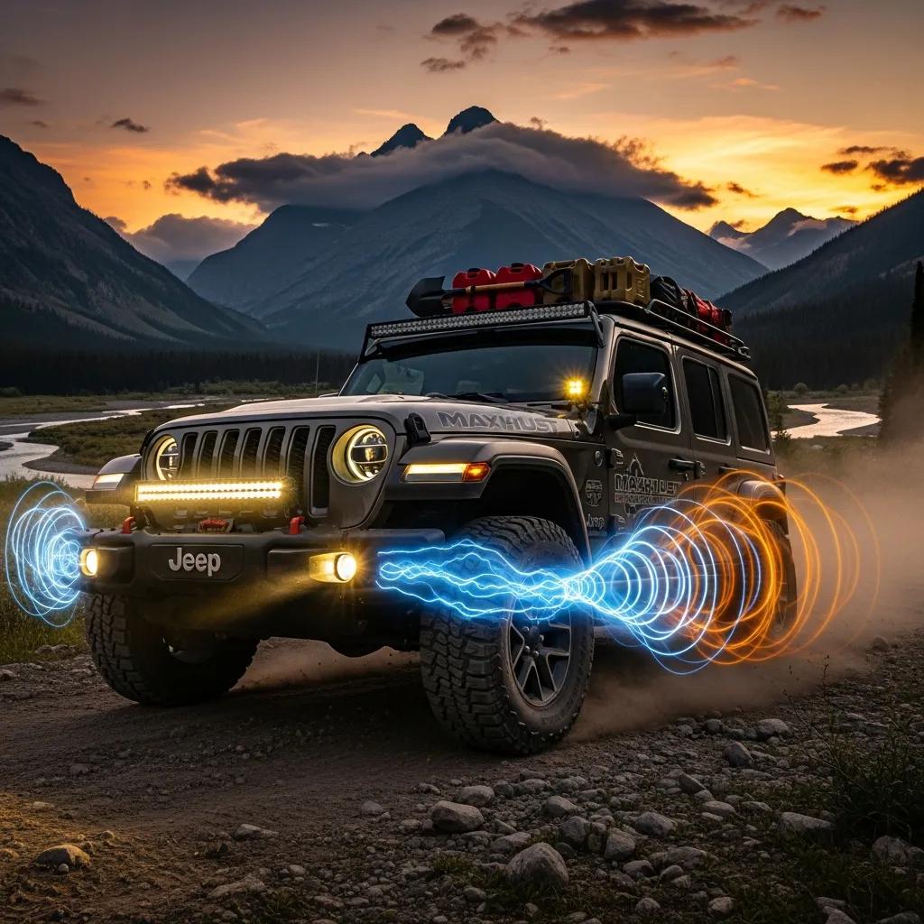 Jeep Wrangler 4xe with Maxhaust Active Sound System in an outdoor setting, showcasing enhanced auditory experience