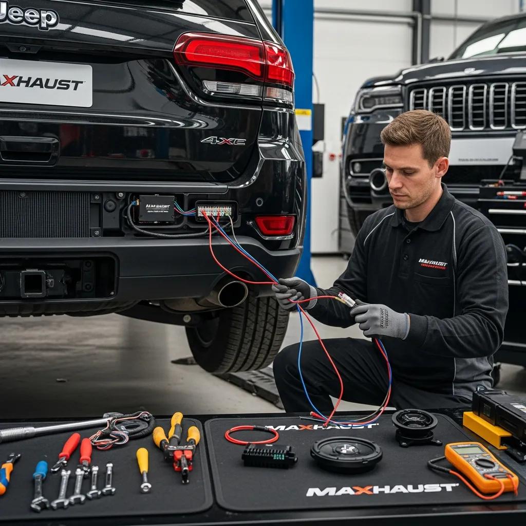 Mechanic installing Maxhaust Active Sound System in Jeep Grand Cherokee 4xe