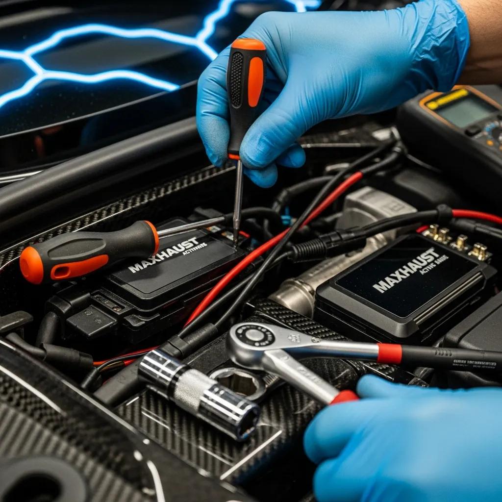 Mechanic installing Maxhaust Active Sound System on BMW i8, showcasing installation tools and safety precautions
