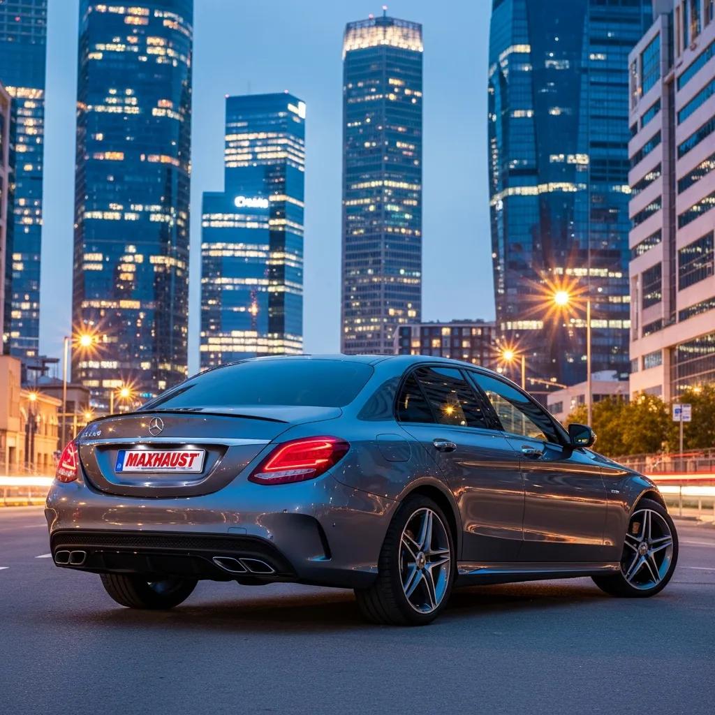 Mercedes-Benz C300 with Maxhaust Active Sound System in urban setting, highlighting luxury and performance