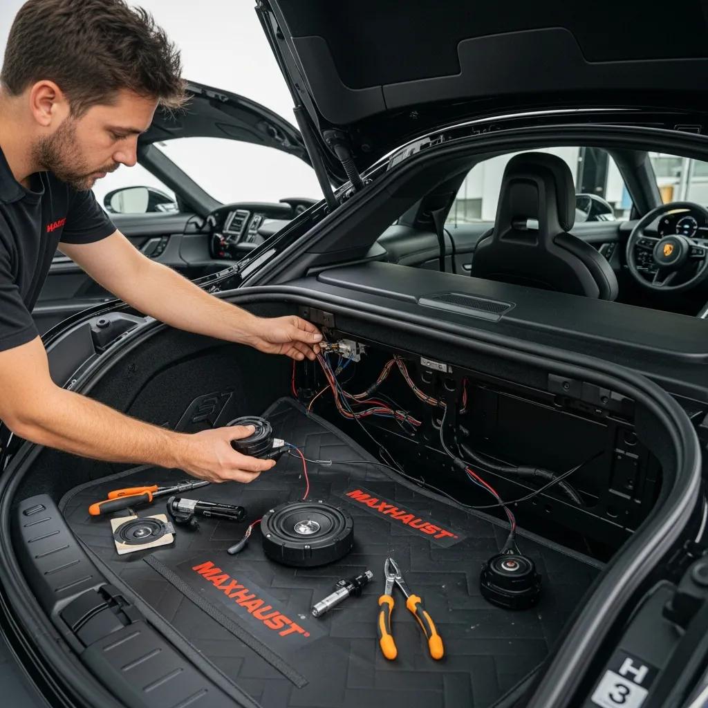 Person installing Maxhaust Active Sound System in Porsche Taycan, showcasing easy installation process