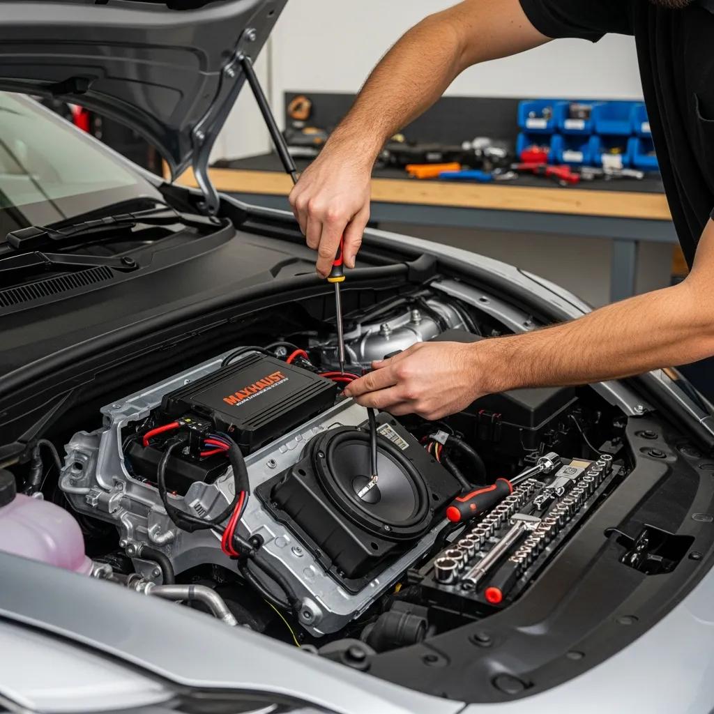 Person installing Maxhaust Active Sound System in Tesla Model 3, highlighting the installation process