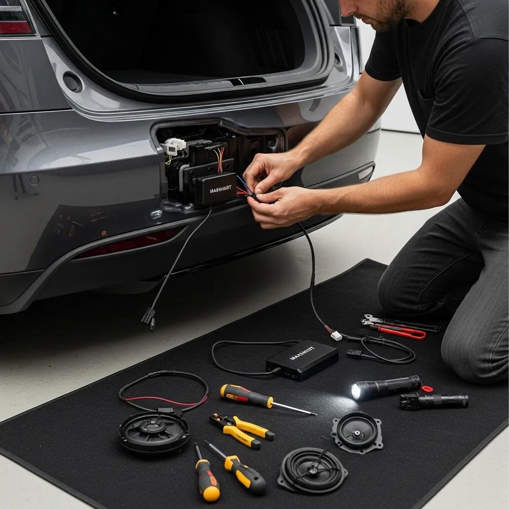 Person installing Maxhaust Active Sound System in Tesla Model S
