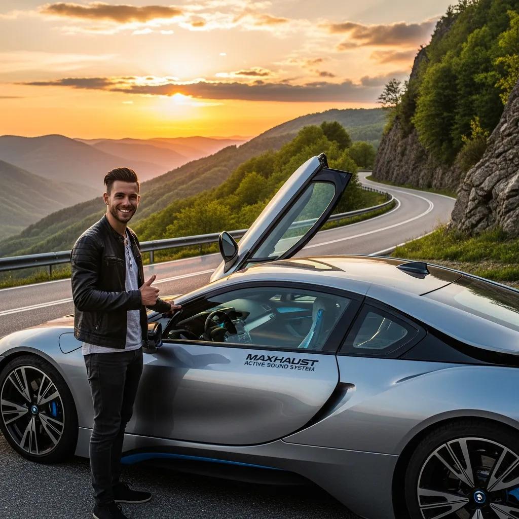 Satisfied BMW i8 owner with Maxhaust Active Sound System, showcasing joy and excitement of enhanced driving experience