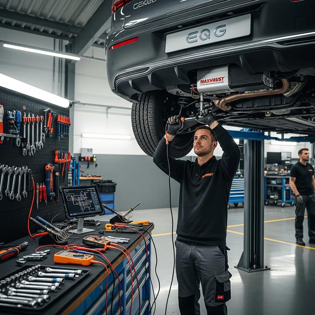 Technician installing Maxhaust Active Sound System in a Mercedes EQG