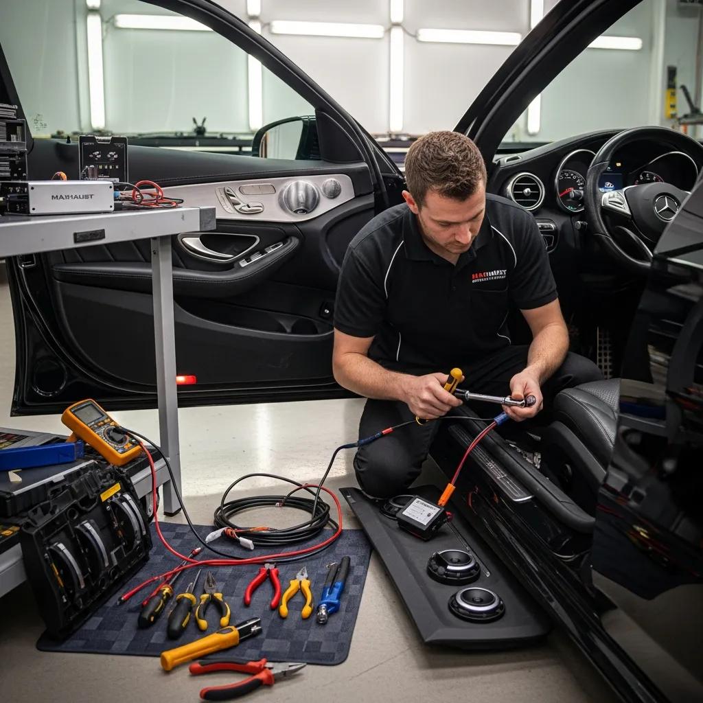 Technician installing Maxhaust Active Sound System in Mercedes-Benz C300, showcasing professional installation process