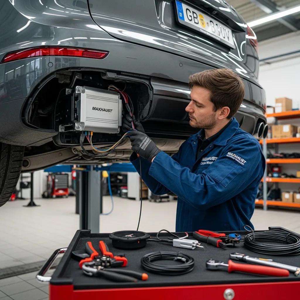 Technician installing Maxhaust Active Sound System in Porsche Cayenne E-Hybrid
