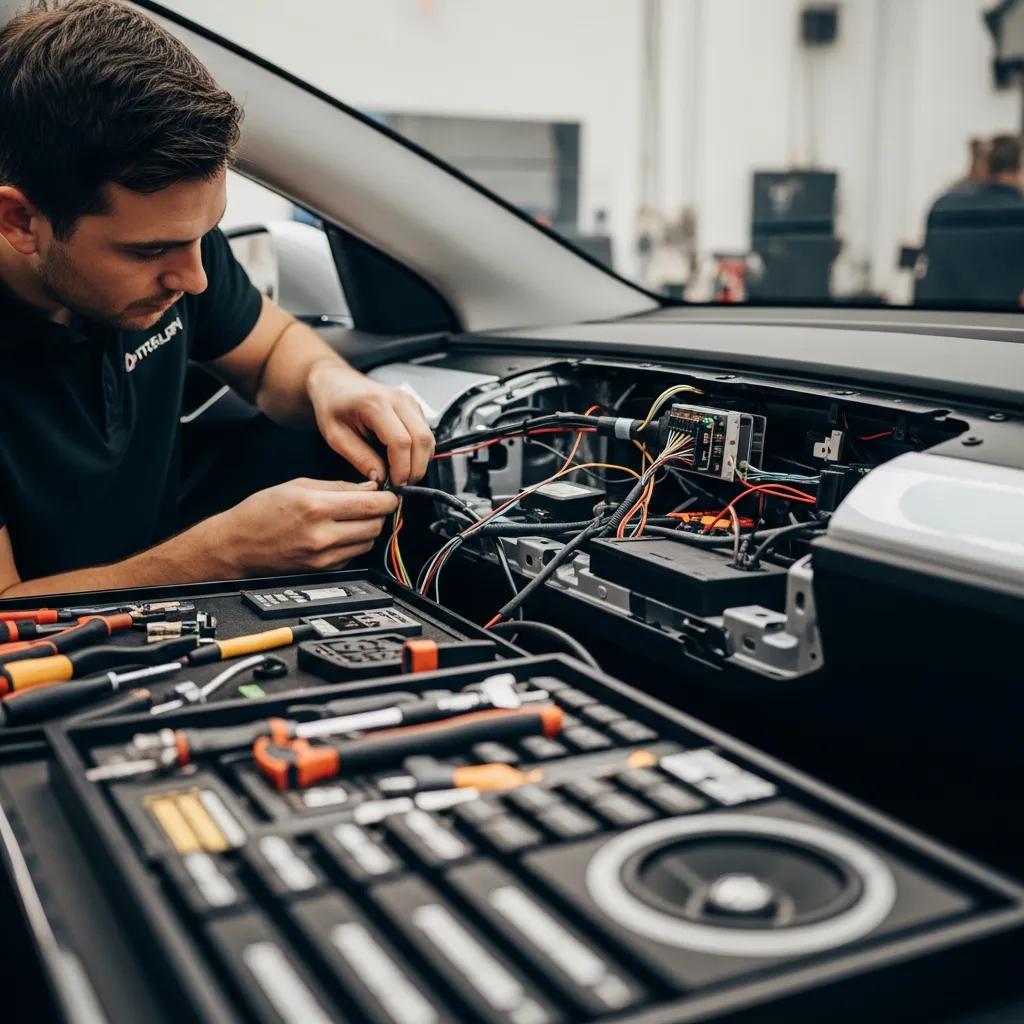 Technician installing sound booster kit in Tesla vehicle