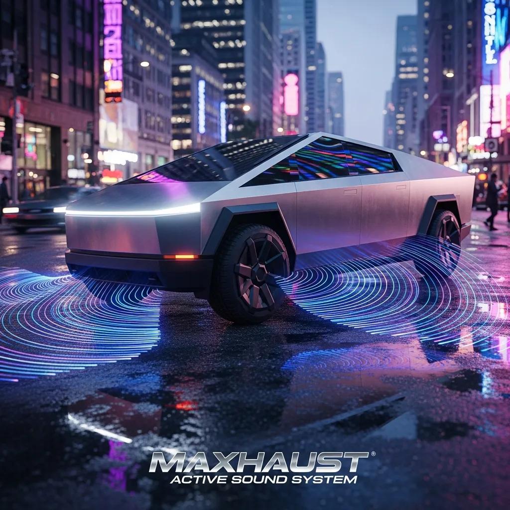 Tesla Cybertruck with Maxhaust Active Sound System highlighting futuristic design and sound technology