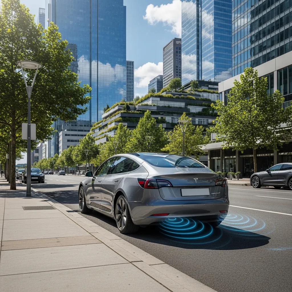 Tesla Model 3 with digital exhaust sound system in urban setting