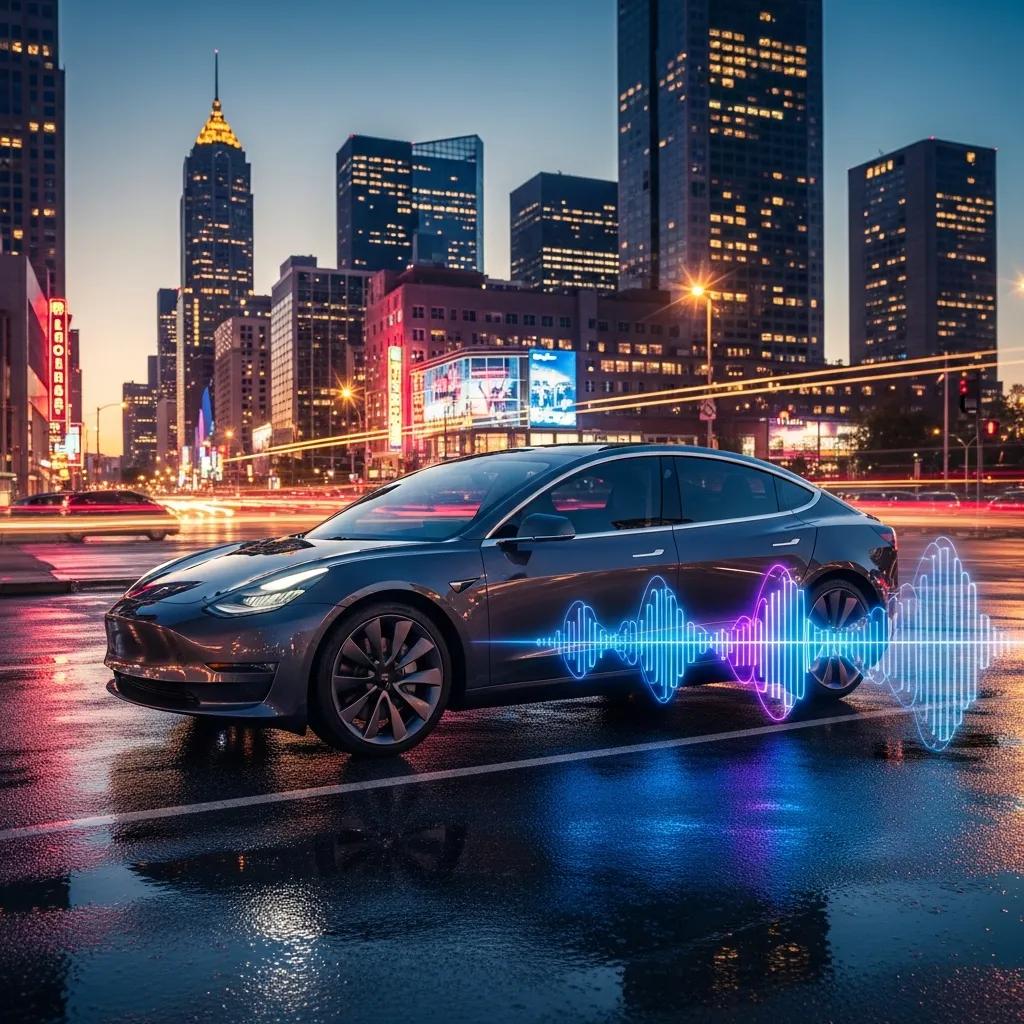 Tesla Model 3 with Maxhaust Active Sound System in urban setting, showcasing customizable sound features