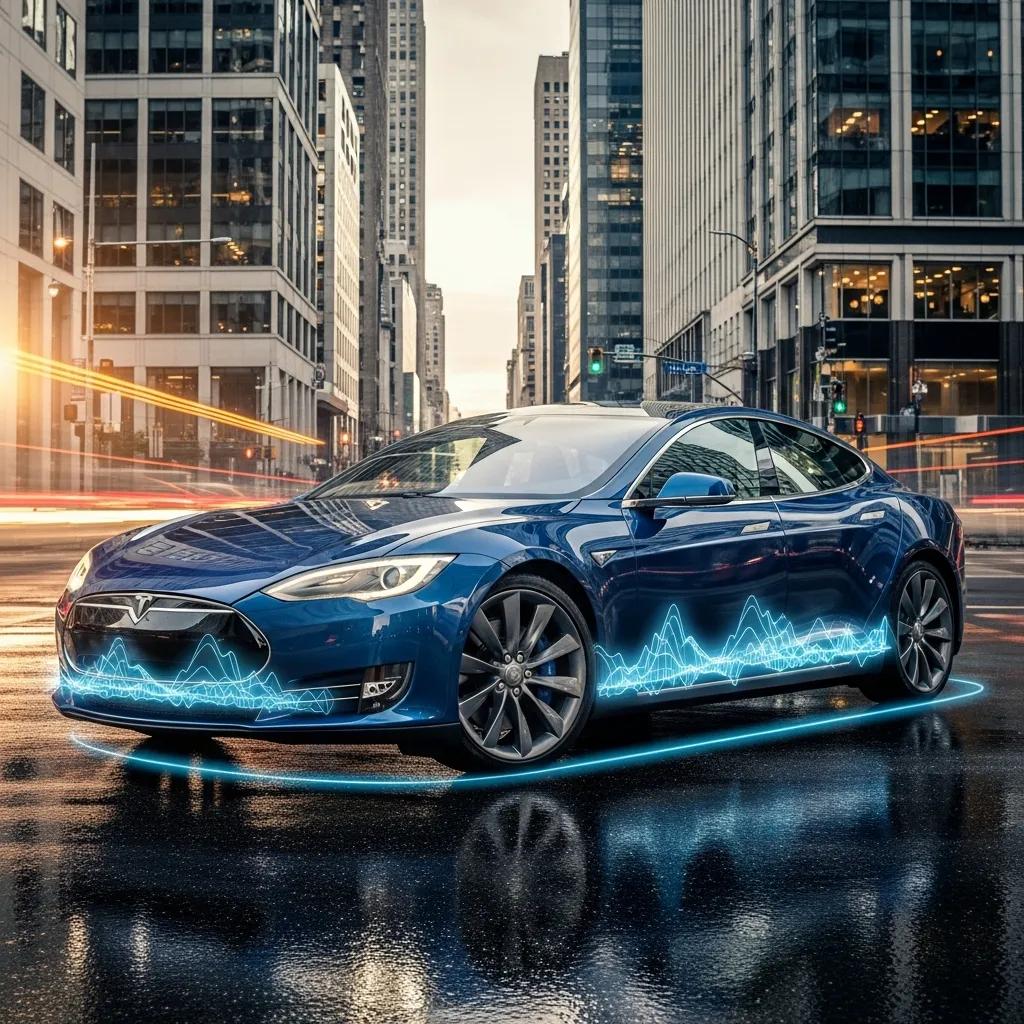 Tesla Model S featuring Maxhaust Active Sound System in a modern urban setting