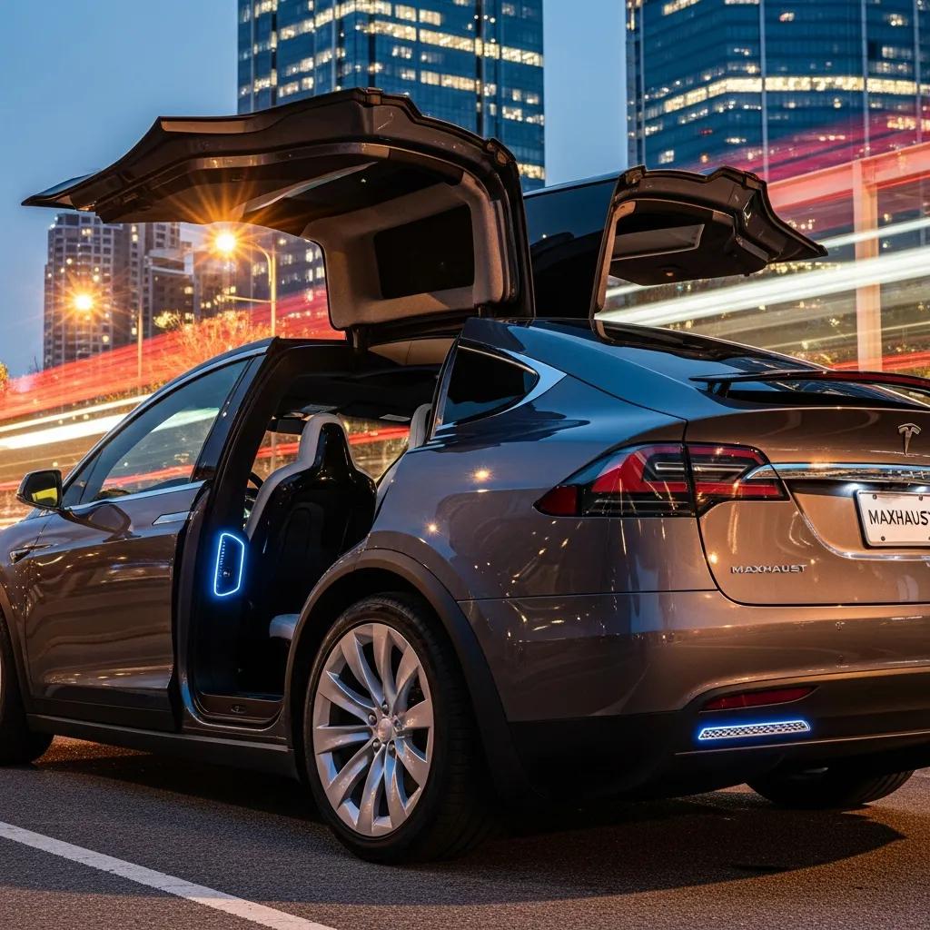 Tesla Model X with Maxhaust Active Sound System in urban setting, emphasizing electric performance and sound enhancement