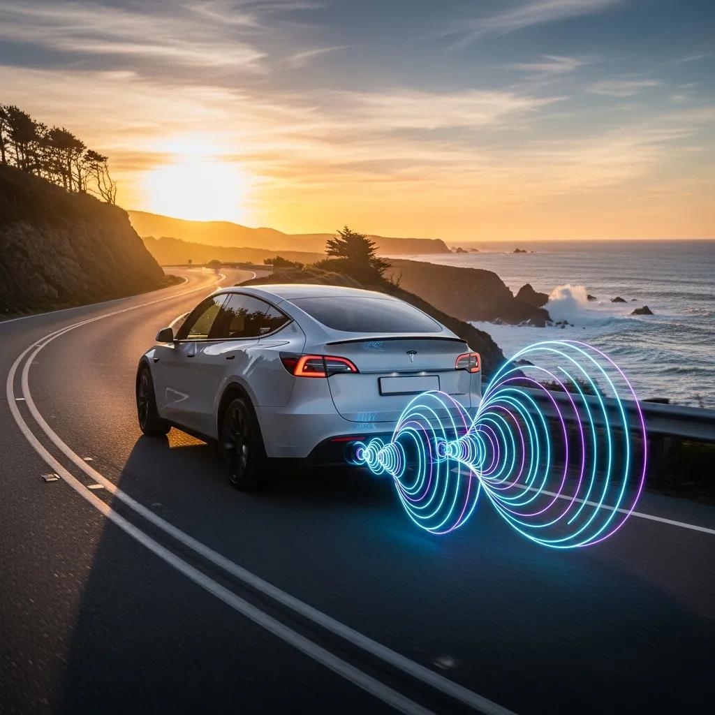 Tesla Model Y in motion with Digital Exhaust Booster Stage Two Plus system, showcasing dynamic sound enhancement