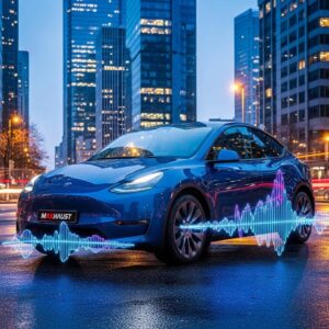 Tesla Model Y with Maxhaust Active Sound System enhancing auditory experience in an urban environment