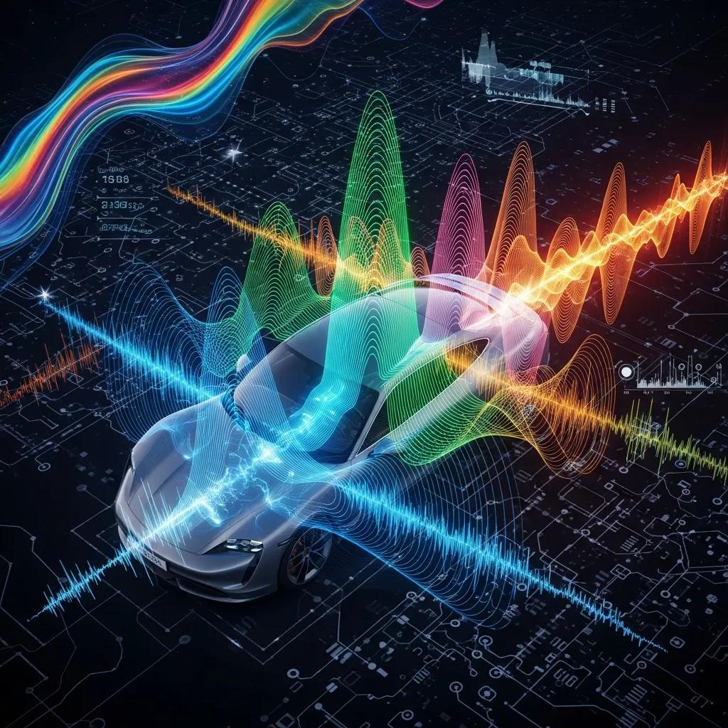 Visual representation of sound technology with sound waves from Porsche Taycan, illustrating sound modulation